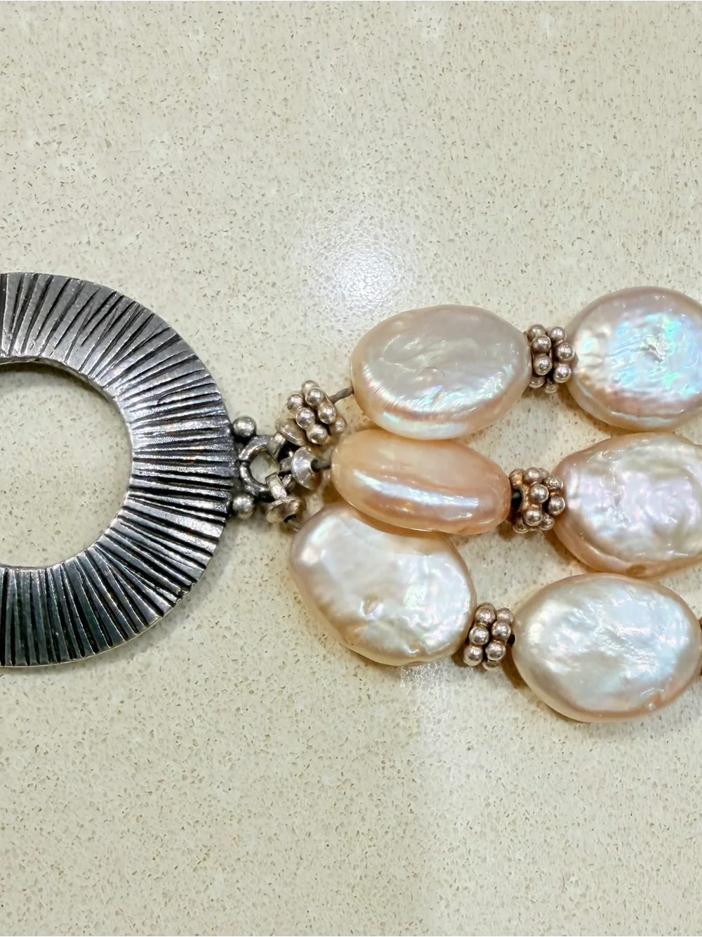Triple Strand Freshwater Coin Pearl Bracelet 7” Blush Pink Artisan Toggle